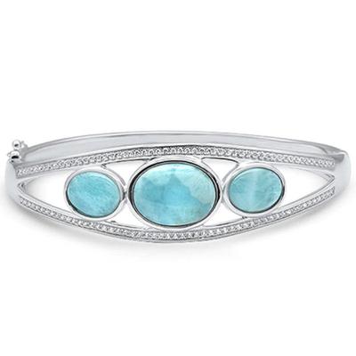 Oval Natural Larimar & Cz .925 Sterling Silver Bracelet...