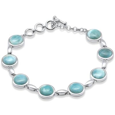 Round Natural Larimar .925 Sterling Silver Bracelet 7" Long Adjustable...