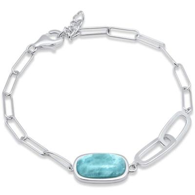 Natural Larimar with Link .925 Sterling Silver Bracelet 6.5" + 1" Adjustable...
