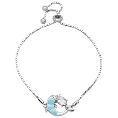 Natural Larimar Dolphin & Oval CZ .925 Sterling Silver 7-9" Adjustable Toggle Bola Bracelet...