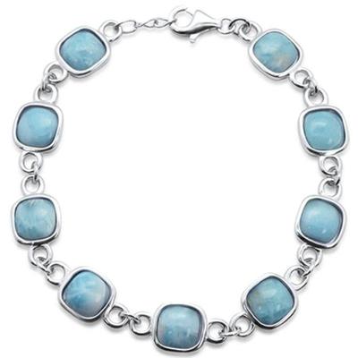 Cushion Cut Natural Larimar .925 Sterling Silver Bracelet 7.5" Long...