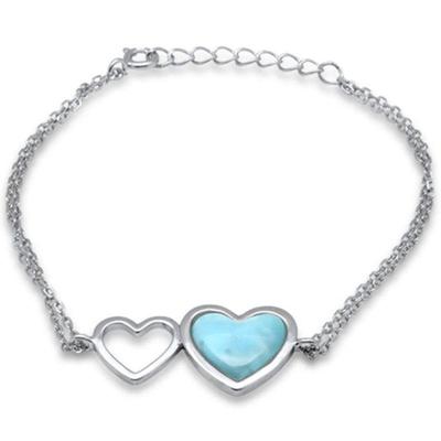 Heart Shape Natural Larimar .925 Sterling Silver Bracelet...