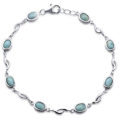 Oval Natural Larimar .925 Sterling Silver Bracelet 7.5" to 8" Long...