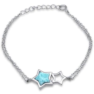 Star Shaped Natural Larimar .925 Sterling Silver Bracelet 5.5" + 1" Adjustable...