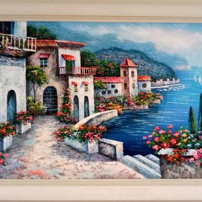 Vintage Mediterranean Villas on a Seaside Framed Art Signed K. Wallis (MORE DETAILS)