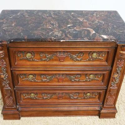 1025	PULASKI LAMINATED MARBLE TOP 3 DRAWER CHEST WITH URN AND FLOWER DESIGN FRONT, APPROXIMATELY 37 IN X 19 IN X 31 IN H
