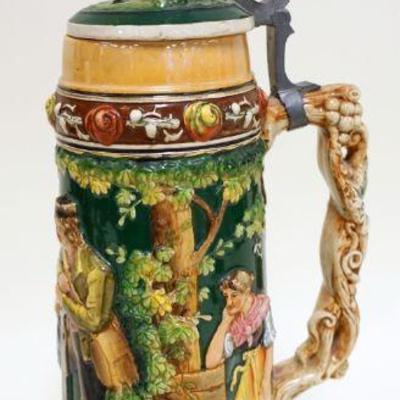 1048	GERMAN STEIN WITH HINGED FIGURAL LID, APPROXIMATELY 17 IN H
