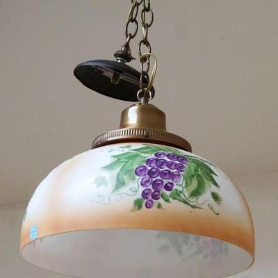 1044	MILK GLASS HANGING LAMP WITH HAND PAINTED GRAPES AND VINES ON SHADE
