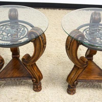 1015	PAIR OF ORNATE WOOD & IRON BEVELED EDGE GLASS TOP LAMP TABLES, APPROXIMATELY 26 IN X 27 IN H
