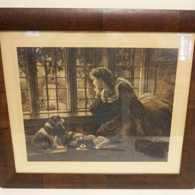 1110	PRINT OF YOUNG WOMAN	FRAMED PRINT OF YOUNG WOMAN WITH HER DOGS LOOKING OUT WINDOW BAY, APPROXIMATELY 29 IN X 34 IN OVERALL
