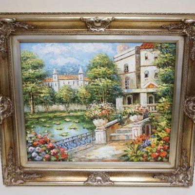 1104	OIL PAINTING OF GARDEN TERRACE	OIL PAINTING ON CANVAS OF GARDEN TERRACE ALONG WATERWAY, APPTOXIMATELY 28 IN X 32 IN OVERALL
