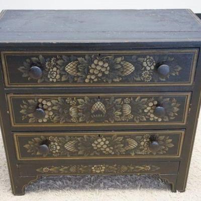 1127	ANTIQUE PAINT STENCILED CHEST	ANTIQUE PAINT STENCILED 4 DRAWER CHEST, APPROXIMATELY 16 IN X 34 IN X 30 IN H

