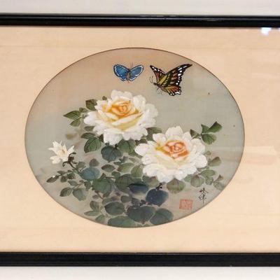 1069	CHARACTER SIGNED FRAMED & MATTED ASIAN ARTWORK	CHARACTER SIGNED FRAMED & MATTED ASIAN ARTWORK, FLOWERS W/BUTTERFLIES, APPROXIMATELY...