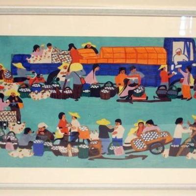 1114	ARTIST SIGNED WATERCOLOR	ARTIST SIGNED WATERCOLOR OF PEOPLE AT A MARKET, APPROXIMATELY 41 IN X 26 IN
