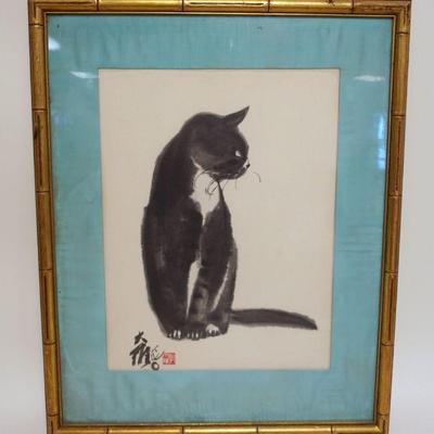 1071	CHARACTER SIGNED FRAMED & MATTED ASIAN ARTWORK	CHARACTER SIGNED FRAMED & MATTED ASIAN ARTWORK OF A CAT, APPROXIMATELY 22 IN X 27 IN...
