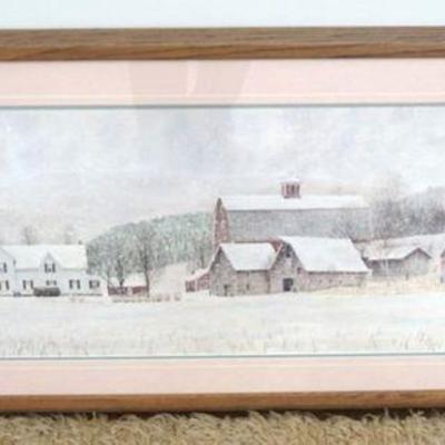 1106	JON CRANE PRINT PEACE IN THE VALLEY	JON CRANE FRAMED PRINT OF WINTER FARM SCENE, TITLED * PEACE IN THE VALLEY*, APPROXIMATELY 24 1/2...