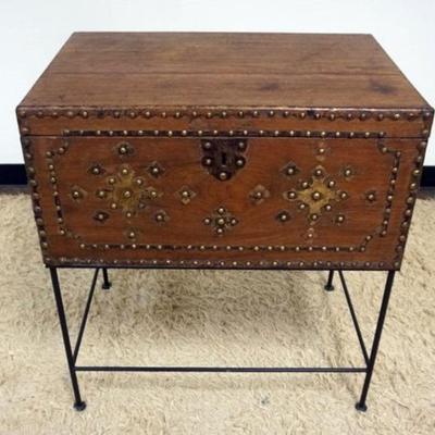1007	ANTIQUE WALNUT HINGED BOX WITH BRASS ACCENT TACKING AND IRON BASE, APPROXIMATELY 27 IN X 19 IN X 30 IN H
