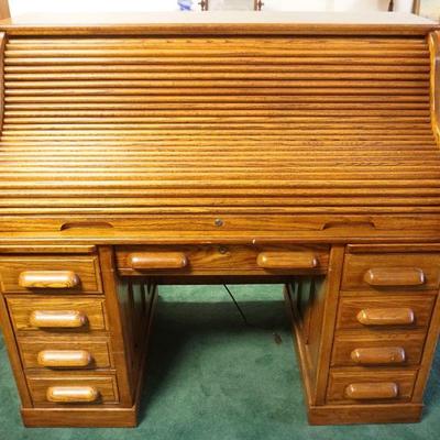 1028	CONTEMPORARY OAK ROLL TOP DESK, NATIONAL MT AIRY, APPROXIMATELY 54 IN X 30 IN X 50 IN HIGH
