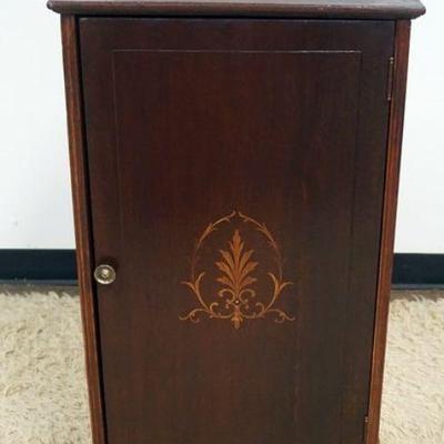 1004	MAHOGANY MUSIC CABINET WITH INLAID DOOR FRONT AND CARVED PAW FEET, APPROXIMATELY 20 IN X 15 IN X 39 IN H

