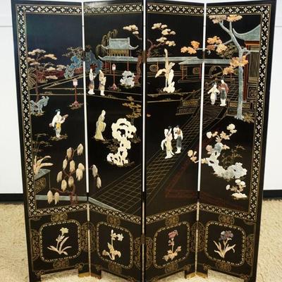 1012	OUTSTANDING 20TH CENTURY ASIAN 4 PANEL BLACK LACQUERED SCREEN WITH APPLIED STONE CARVINGS THROUGHOUT, EACH PANEL APPROXIMATELY 16 IN...