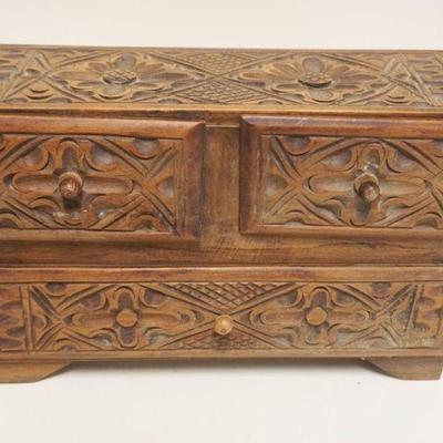 1158	CHIP CARVED MINIATURE WOOD 3 DRAWER CHEST	CHIP CARVED MINIATURE WOOD 3 DRAWER CHEST, APPROXIMATELY 12 X 5 X 8 IN HIGH
