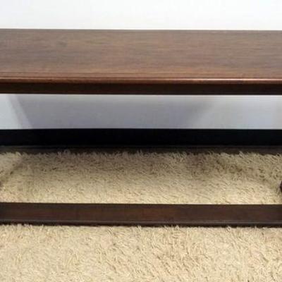 1003	PETITE WALNUT SOFA TABLE WITH TURNED LEGS AND CARVED STRETCHER BOARDS, APPROXIMATELY 60 IN X 20 IN X 29 IN H
