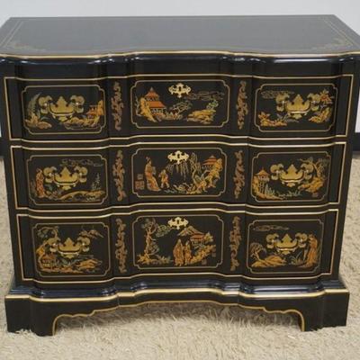 1009	DREXEL BLOCK FRONT 3 DRAWER CHEST WITH BLACK LAQUERED ASIAN CHINOISERIE STYLE DESIGN, APPROXIMATELY 29 IN X 19 IN X 31 IN H
