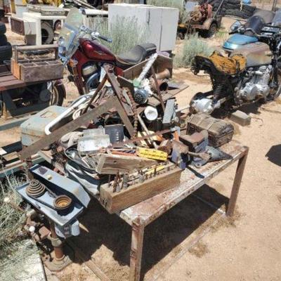 #2164 â€¢ Metal Table with Assorted Tools
