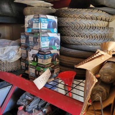 #2424 â€¢ 24 Assorted Tires, Harley Davidson Shocks, Metal Fan Blade, a...
