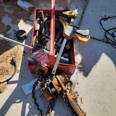 #2680 â€¢ 1 Ton Engine Hoist and Tray with Assorted Hand Tools
