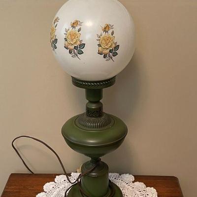 vintage mid-century modern avocado green table lamp with glass globe