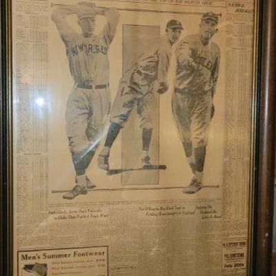 1922 framed newspaper baseball article