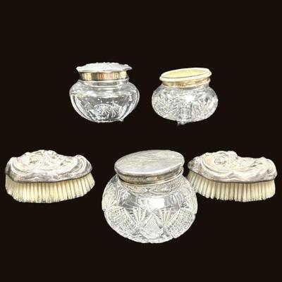 crystal and silver dresser brushes and jars