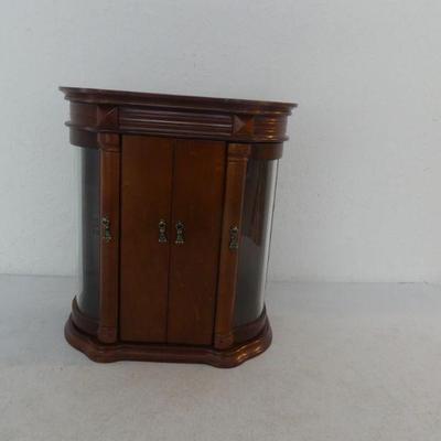 Wooden Demi Lune Jewelry Box - Top Mirrored, 2 Sides for Necklaces & 4 Drawers in Center Cabinet - 12" x 13" x 6"