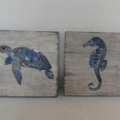 Pair of Beachy Seahorse & Turtle Wall Art with Raised Glossy Accents - 14