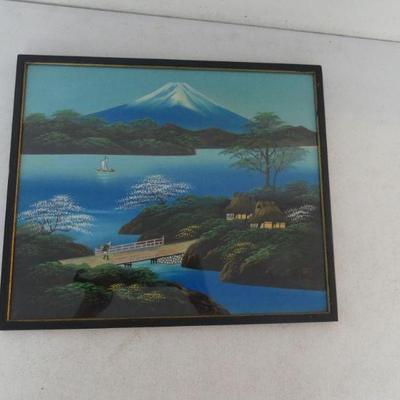 Vintage 1940s-1950s Signed/Framed Japanese Silk Painting of Mt. Fuji - 17Â½