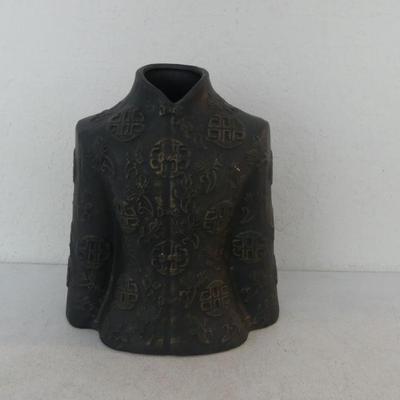 Vintage Asian Mandarin Jacket Bas Relief Vase - Black - 13