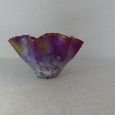 Vintage Iridescent Cranberry Art Glass Ruffled Bowl - 6
