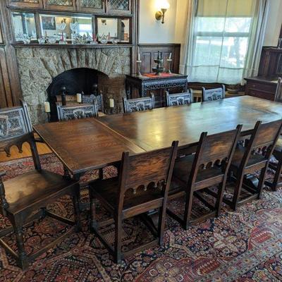 12 Carved Oak Victorian era dining chairs