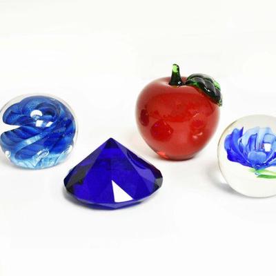 4 Glass Paperweights (1 signed)