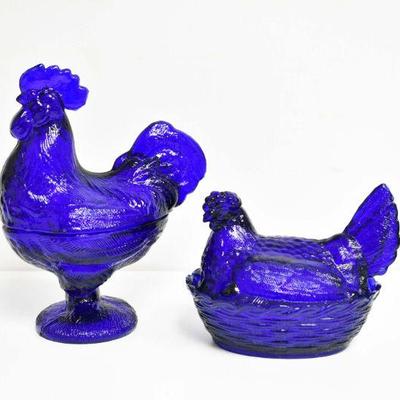 Cobalt Blue Rooster and Hen Bowls w/ Lids