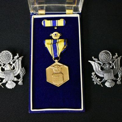 Military Service Cap Insignias + Medal