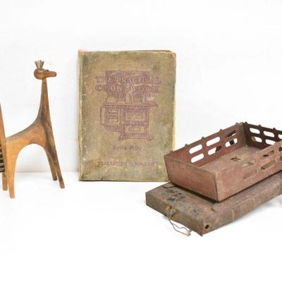 Vintage Brush / Metal Cart & 1910 Autographed Cookbook