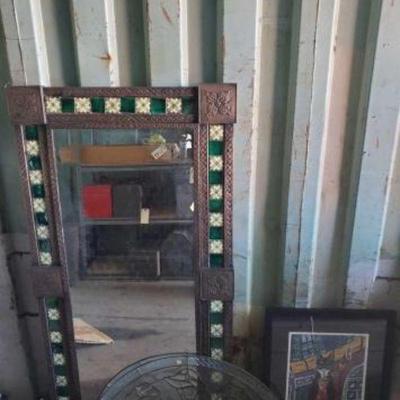 #3050 â€¢ Metal Frame With Tile Pattern Mirror, Beveled Arch Clear Stained Glass, And Creole Cat Framed Art
