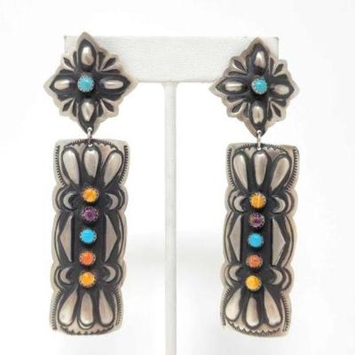 #552 â€¢ Native American Sterling Silver Dangle Concho Earrings, 20g
