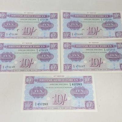 #2754 â€¢ (5) British Armed Forces 10 Shillings Banknotes
