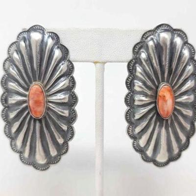 #524 â€¢ Native American Sterling Silver Earrings with Orange Spiny Oyster, 14.7g
