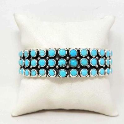 #512 â€¢ Native American Artist Marked Sterling Turquoise Cuff, 68g
