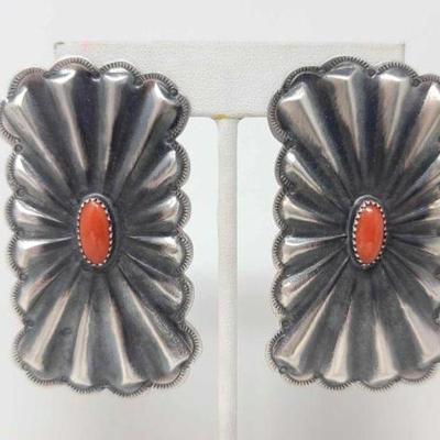 #522 â€¢ Native American Sterling Silver Earrings with Coral Center Accent, 20g
