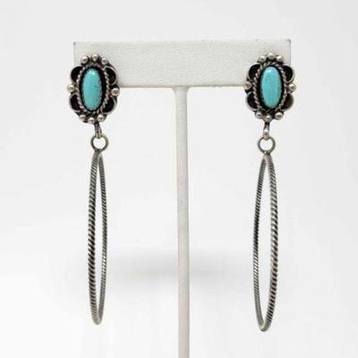 #542 â€¢ Native American Sterling Silver Turquoise Hoop Earrings, 14g
